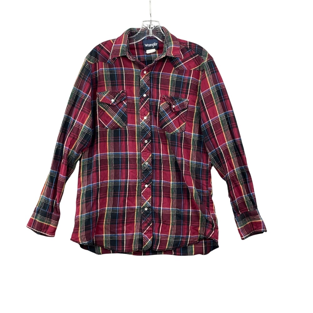 Wrangler Western Pearl Snap Shirt Men Large Tall Red Plaid Cowboy Rodeo Workwear